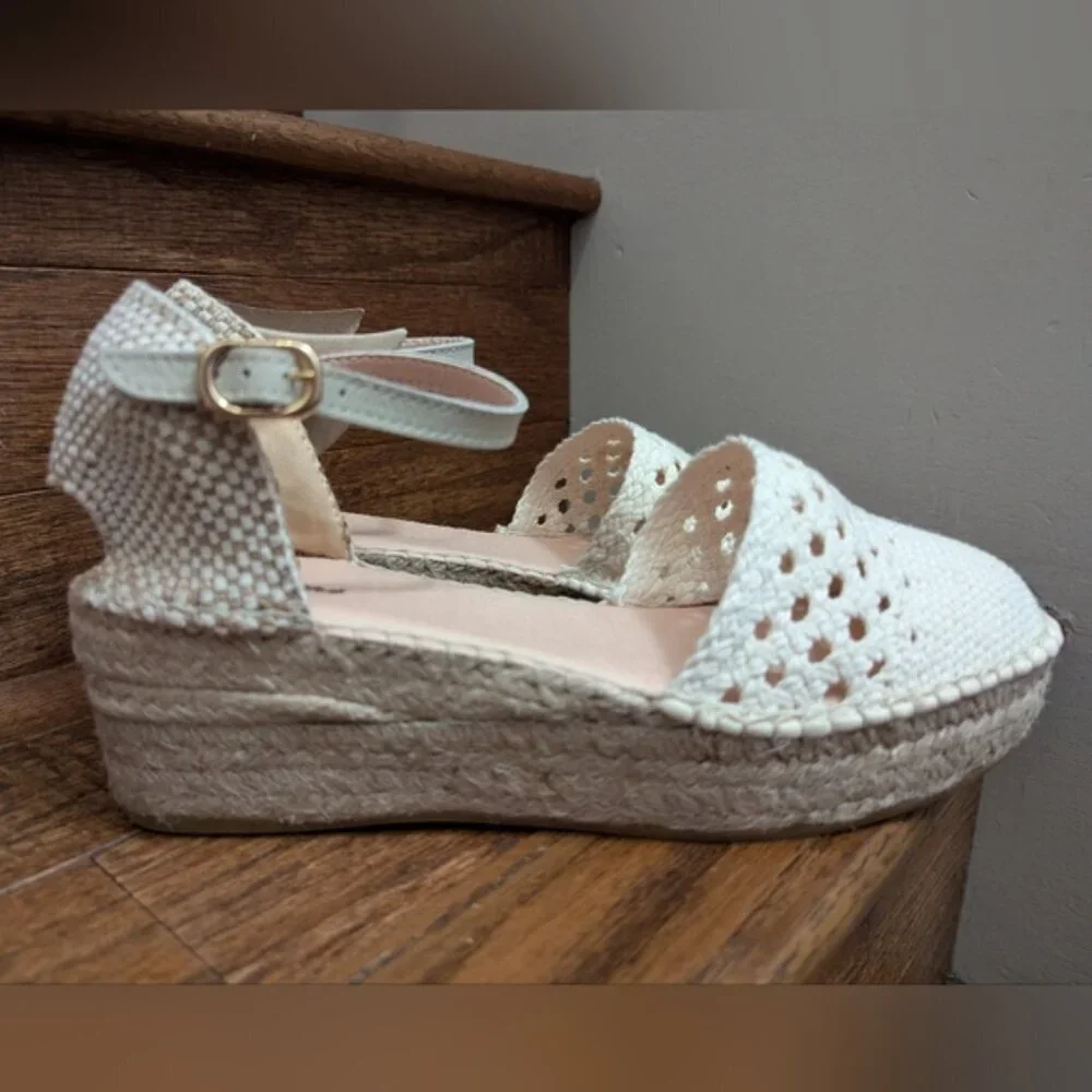 Browns Crochet Espadrille Sandal, cream Woven Fabric Jute Platform SZ 11 EU 41